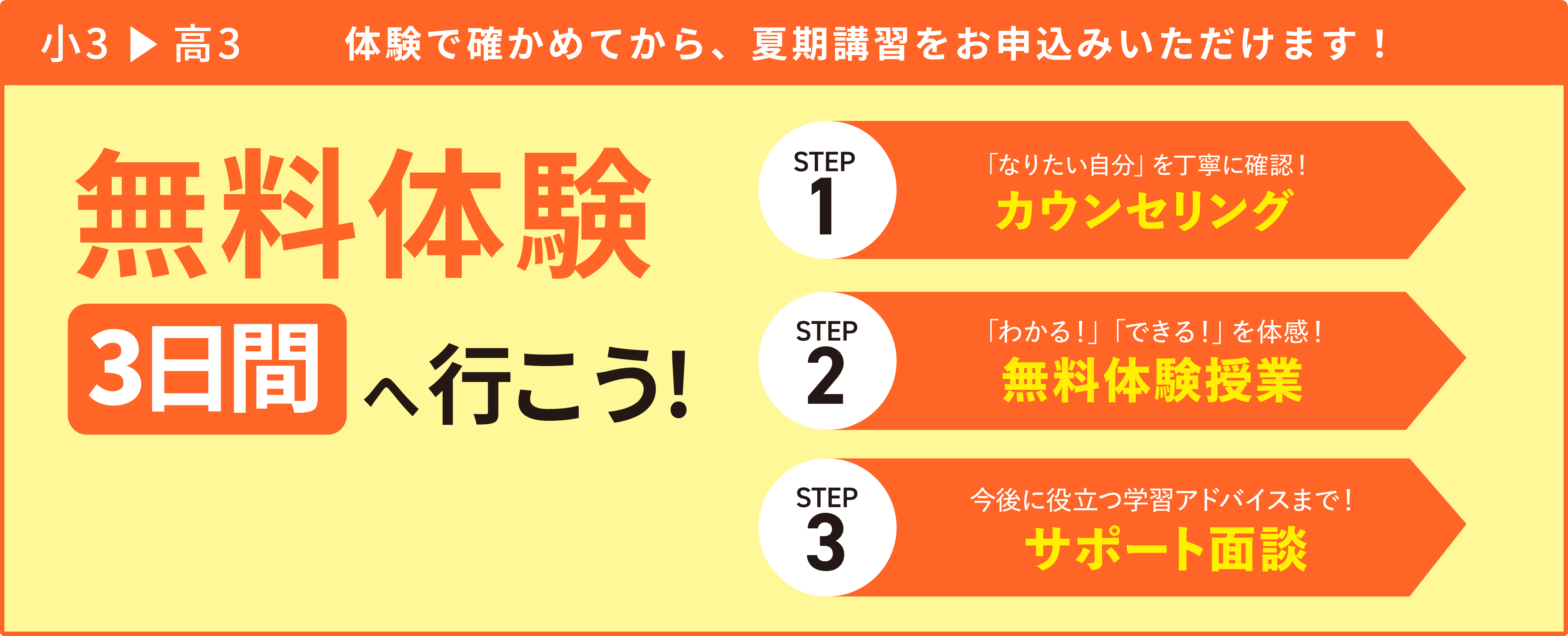 小3▶高3 随時開催中！3.14の無料体験へ行こう！ STEP1:「なりたい自分」を丁寧に確認！カウンセリング STEP2:「わかる！」「できる！」を体感！無料体験授業 STEP3:今後に役立つ学習アドバイスまで！サポート面談